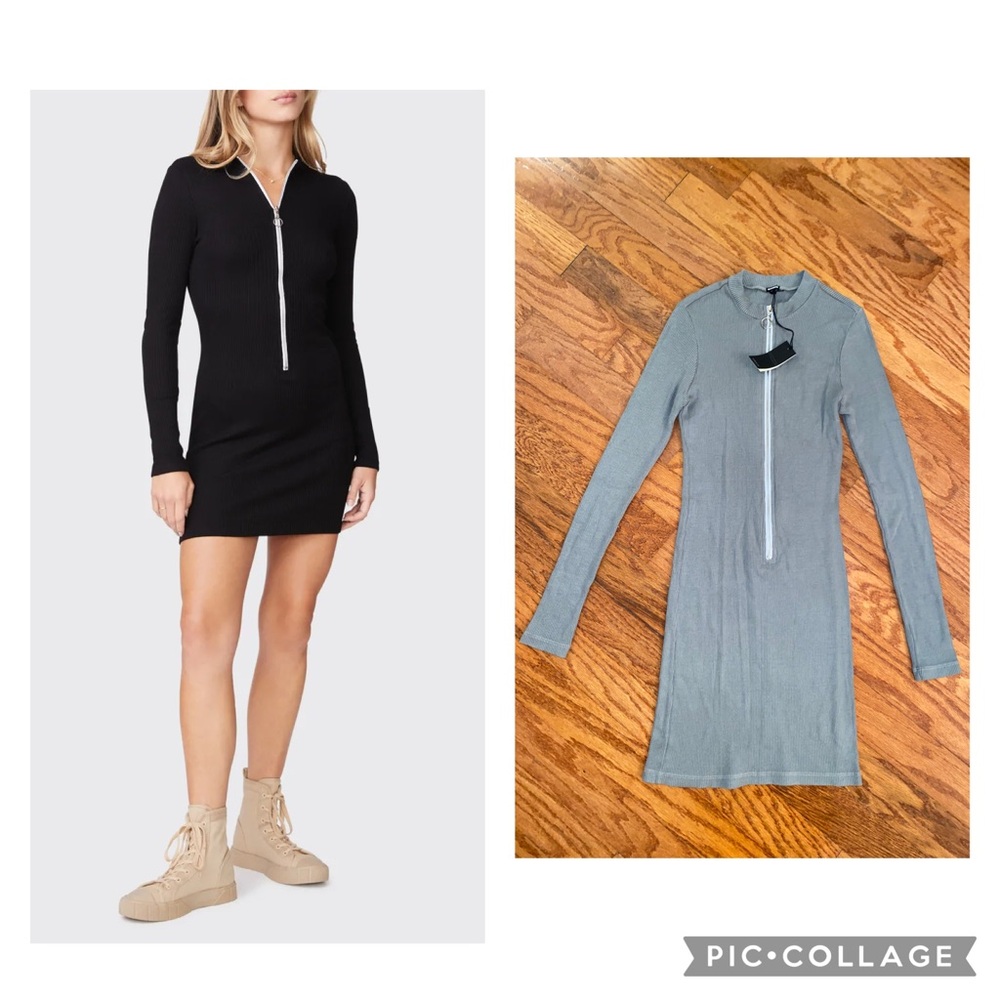 NWT Bloomingdale’s Monrow Ribbed Exposed Zipper Mini Dress Green Gray Stetchy